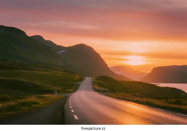 Sunset over a winding road surrounded by green mountains