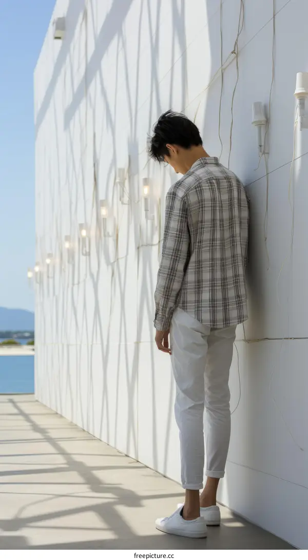 A man standing in front of a white wall with a pattern of shadows