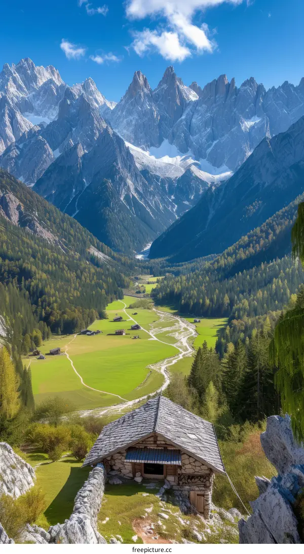 A mountain valley with a river running through it. There is a small house in the foreground and a forest of trees on the mountainside. The sky is blue and there are clouds in the sky.