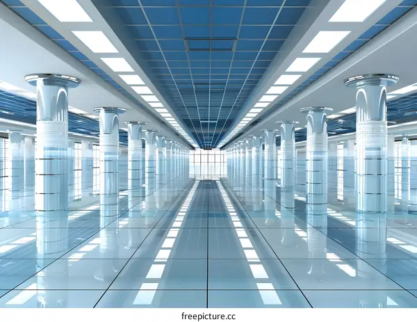 Modern Building Interior Hallway With Columns And Light