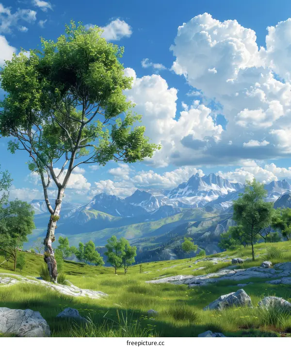 Mountain Landscape with Majestic Peaks and Serene Clouds