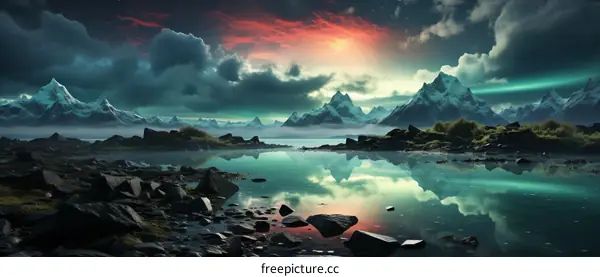 Fantasy landscape with mountains, aurora and lake