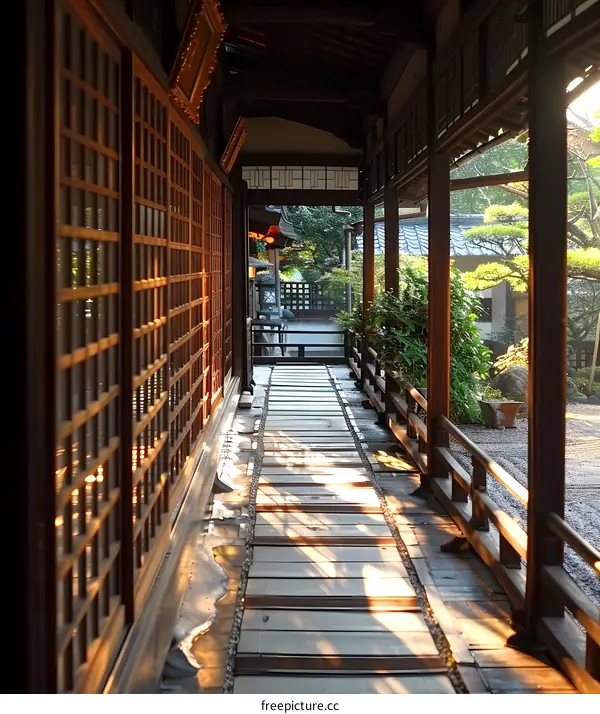 Traditional Japanese house with wooden walkway and sunlight