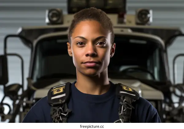 Portrait of a young African-American firefighter in front of a fire truck