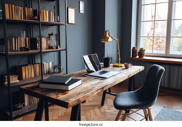 Rustic Home Office Workspace with Bookshelves