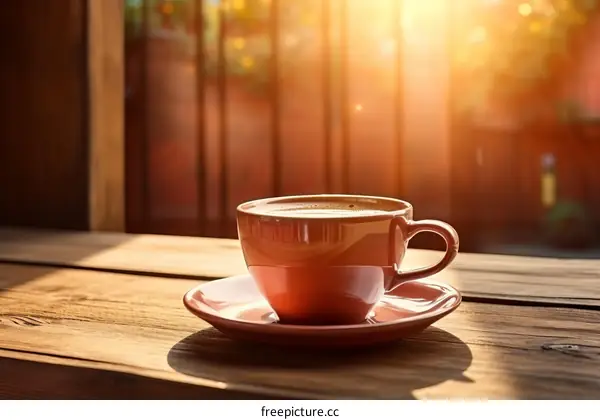 Pink Ceramic Coffee Cup on Wooden Table with Sunlight