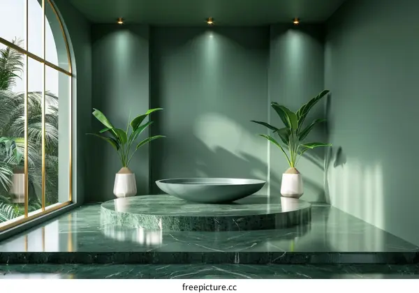 Emerald Green Interior Design Scene with Tropical Plants