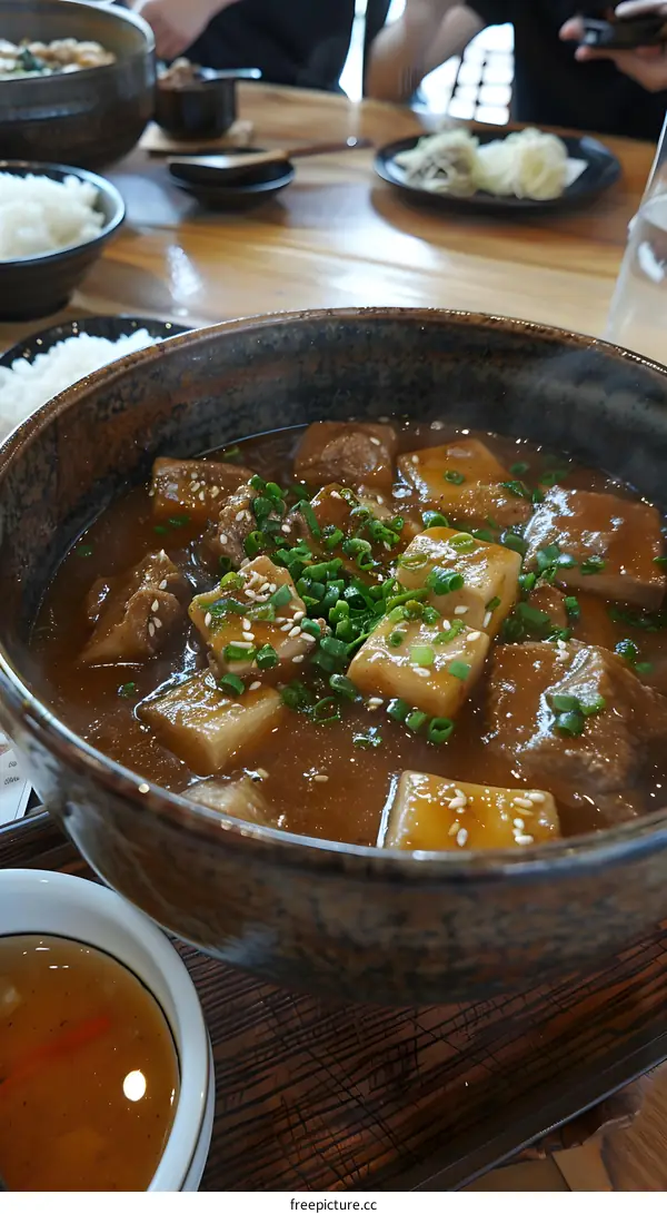 Stewed beef brisket with radish in a ceramic bowl