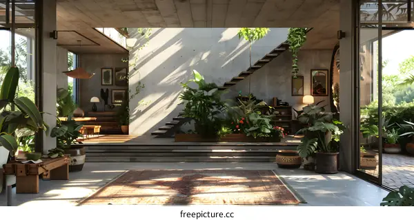 Staircase in a modern house with lots of plants
