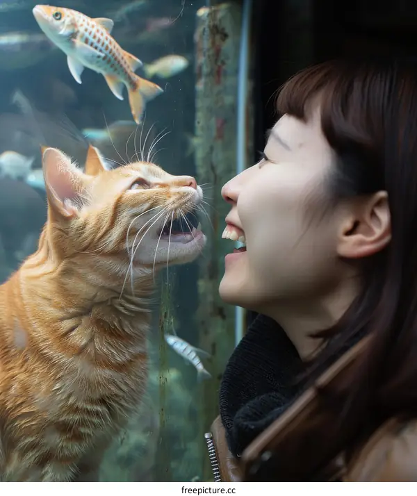 A woman and a cat are looking at each other through a glass window