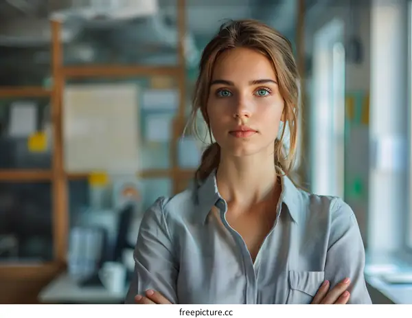 Portrait of a young woman in a blue shirt