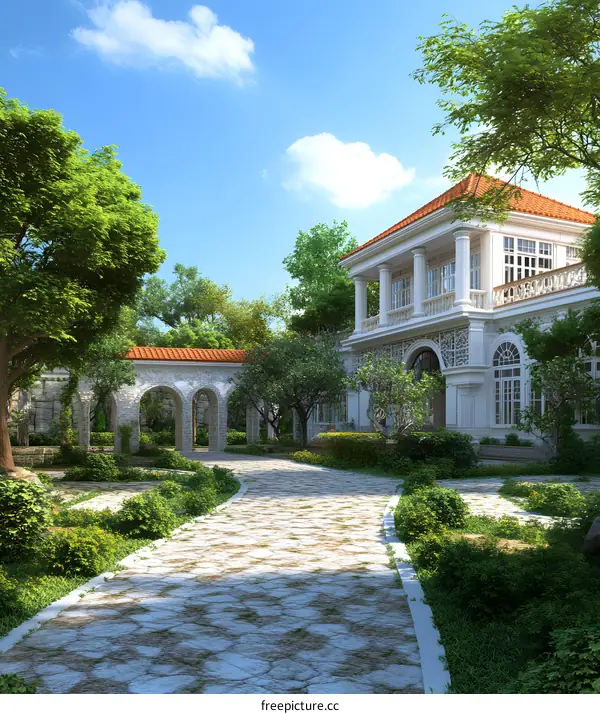 Stone Pathway Leading to a Beautiful White Mansion with a Red Roof