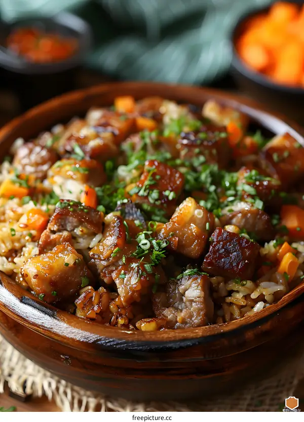 A bowl of delicious food with pork, carrots and rice
