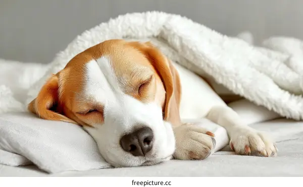 Sleepy Beagle Dog Under Blanket on Bed