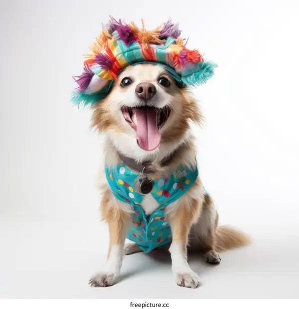 A happy dog wearing a colorful hat and polka dot vest