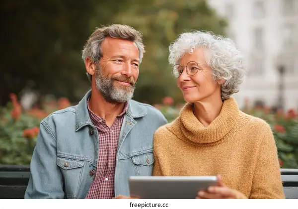 Senior Couple Relaxing in Park with Tablet