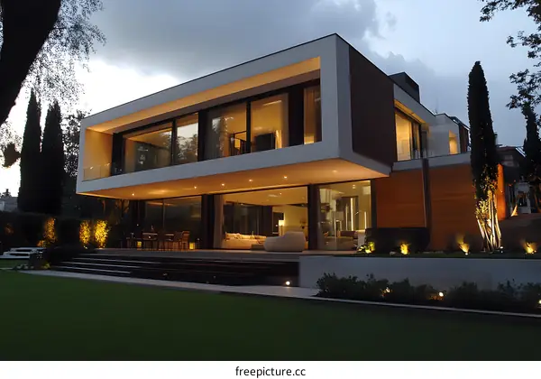 Modern House with Large Windows and Illuminated Garden