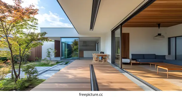 Modern Home With Sliding Glass Doors And Wooden Deck