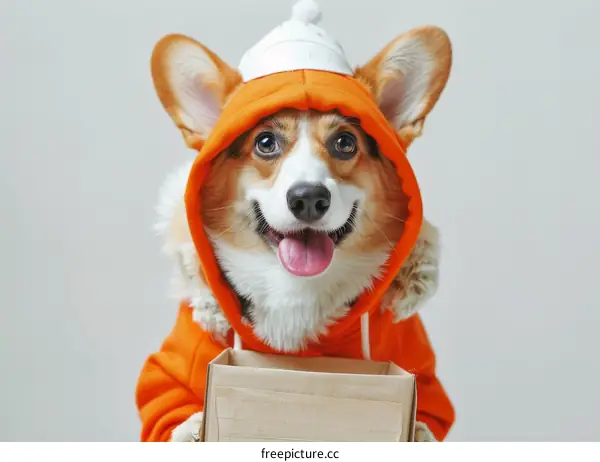 Cute Dog in Orange Hoodie Holding a Box