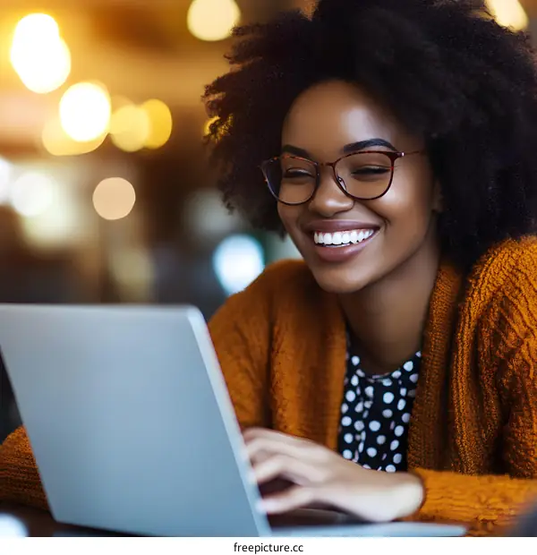Smiling African American Woman Using Laptop in Cafe