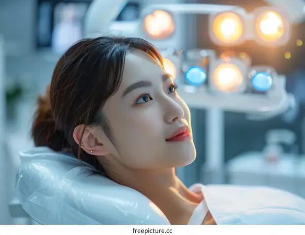 Asian woman smiling in a dentist chair with bright lights in the background