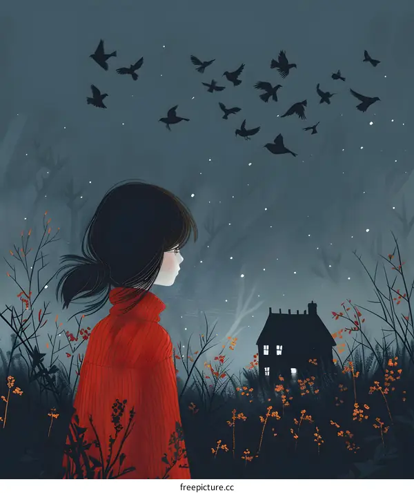 Girl in Red Standing in Front of a House With Birds Flying Above Her