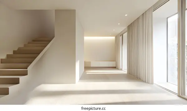 Modern Minimalist Interior Design with Wooden Stairs and Large Windows