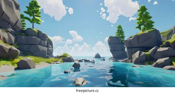 Low Poly River Landscape Scene With Cliffs And Blue Sky