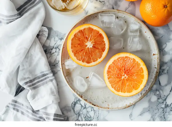 Two Half Oranges With Ice Cubes On Plate