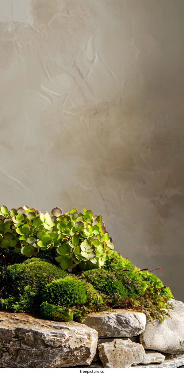 Green Moss and Hydrangea Plant on Stone Background
