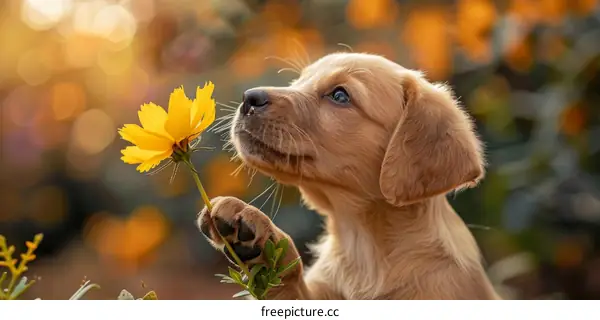 A cute golden retriever puppy sniffing a yellow daisy