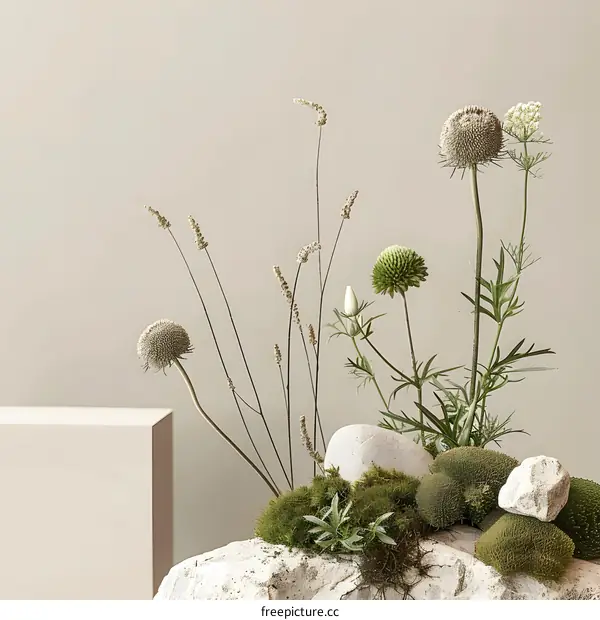 Minimalist Flower Arrangement with White Stones and Moss