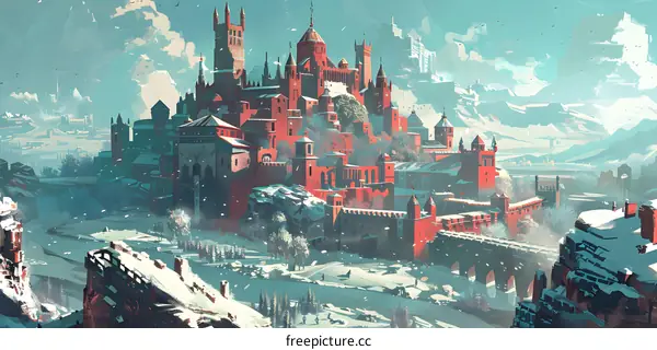 A red castle with snow