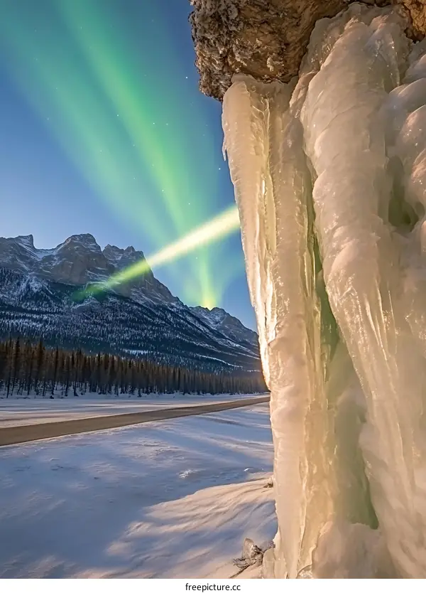 Aurora Borealis and Ice Formations in the Mountains