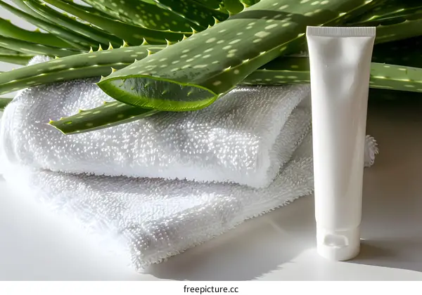 Aloe Vera Plant Leaves and Cream Tube on White Towel