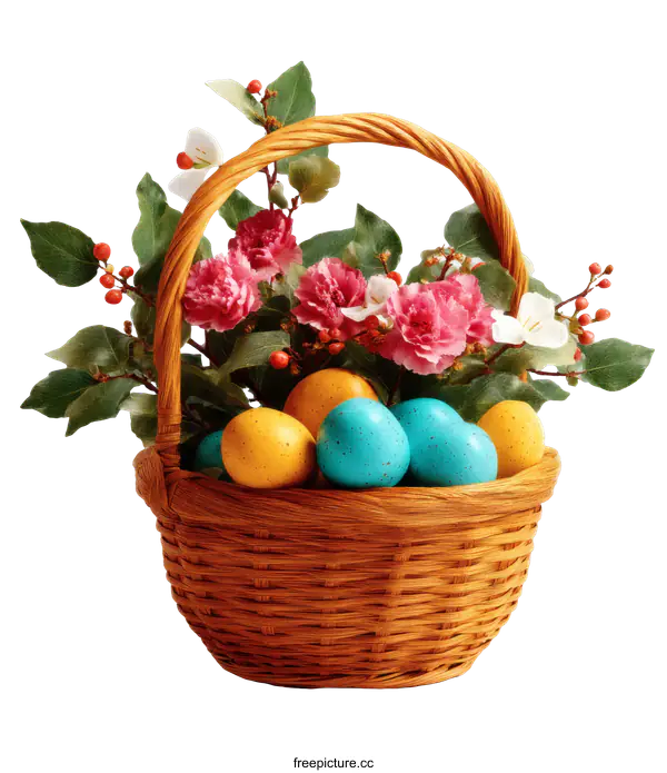 [Transparent Background PNG]Easter Basket with Colorful Eggs and Flowers