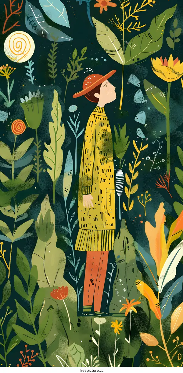 Woman in a Yellow Sweater Standing in a Garden with Flowers and Plants