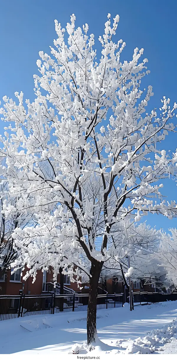 Winter Landscape With Snowy Tree In The Front Yard