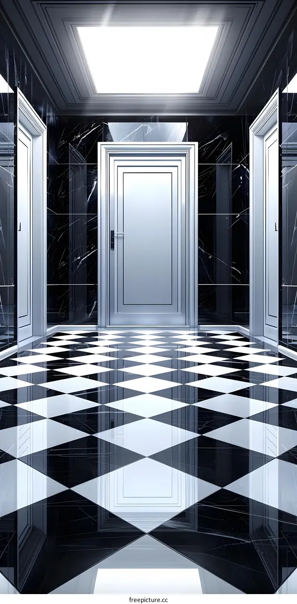 Black and White Checkerboard Floor With White Doors