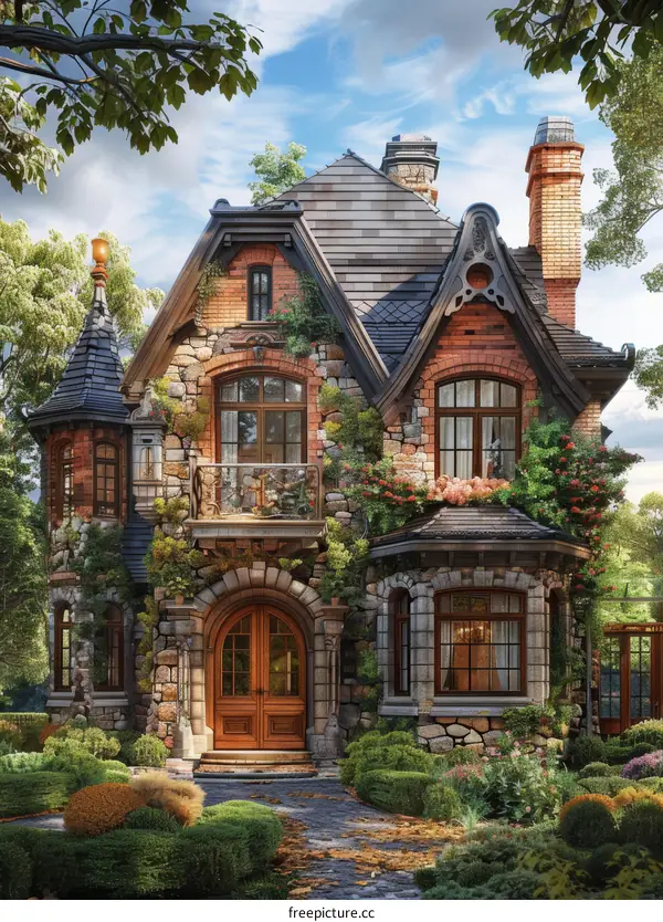 Stone and Brick House with Lush Greenery