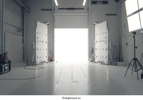 Empty Photo Studio With White Backdrop And Garage Door