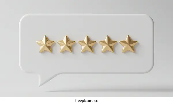 Five golden stars in white speech bubble for rating