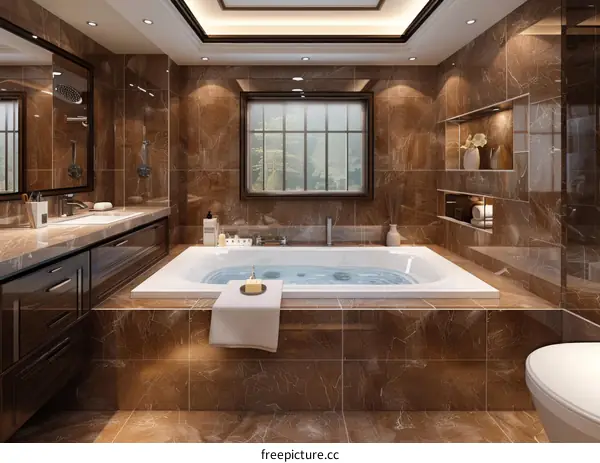 Luxury Brown Marble Bathroom with Bathtub
