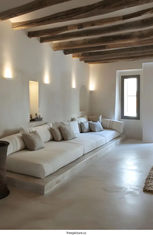 Modern Minimalist Living Room Interior Design With Exposed Wooden Beams