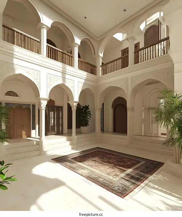Traditional Courtyard Interior Design with Arches and Rug