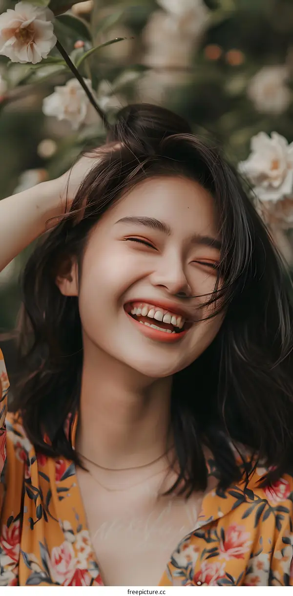 Portrait of a Happy Asian Woman with Flowers