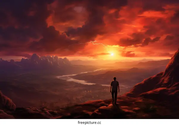 Man standing on a cliff overlooking a valley as the sun sets in the background