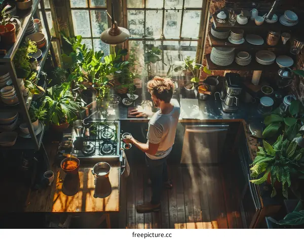 Man making coffee in a kitchen full of plants