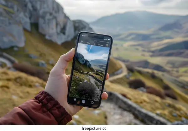 Hand Holding Phone with Mountain View