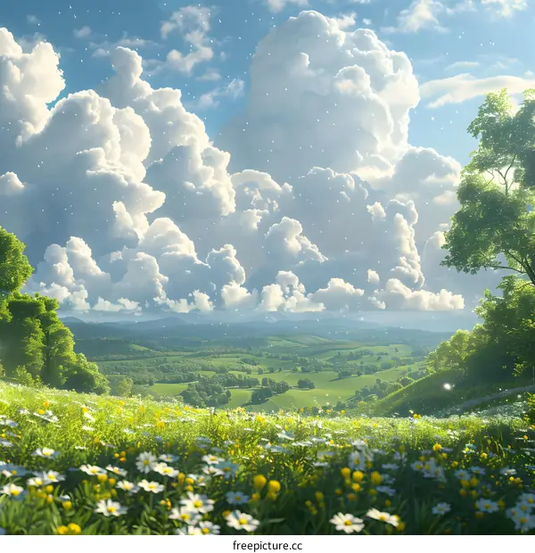 White flowers bloom on the hillside